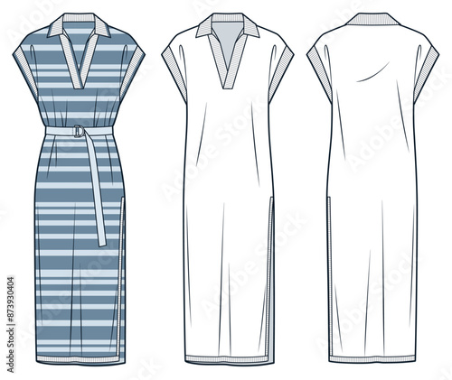 Shirt Dress technical fashion illustration, stripe design. Jersey midi Dress fashion technical drawing template, side slit,  polo collar, belt, rib, front, back view, white, blue, women CAD mockup set