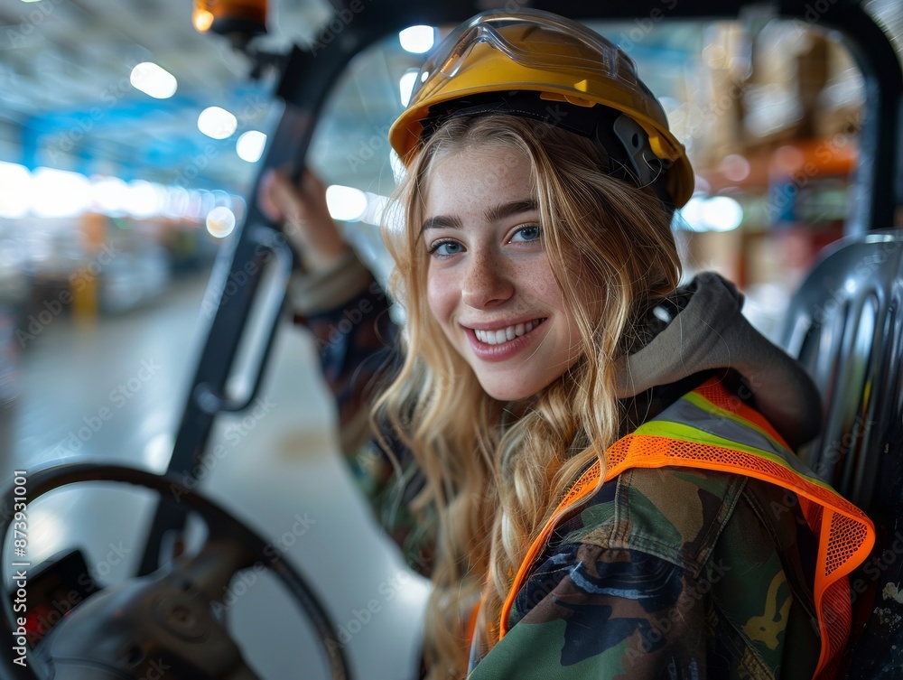 A lively industrial scene features a smiling woman wearing a hard hat and operating a forklift, dressed in a camo jacket and safety vest, embodying women’s strength in industry. A lively industrial scene features a smiling woman wearing a hard hat and operating a forklift, dressed in a camo jacket and safety vest, embodying women’s strength in industry.