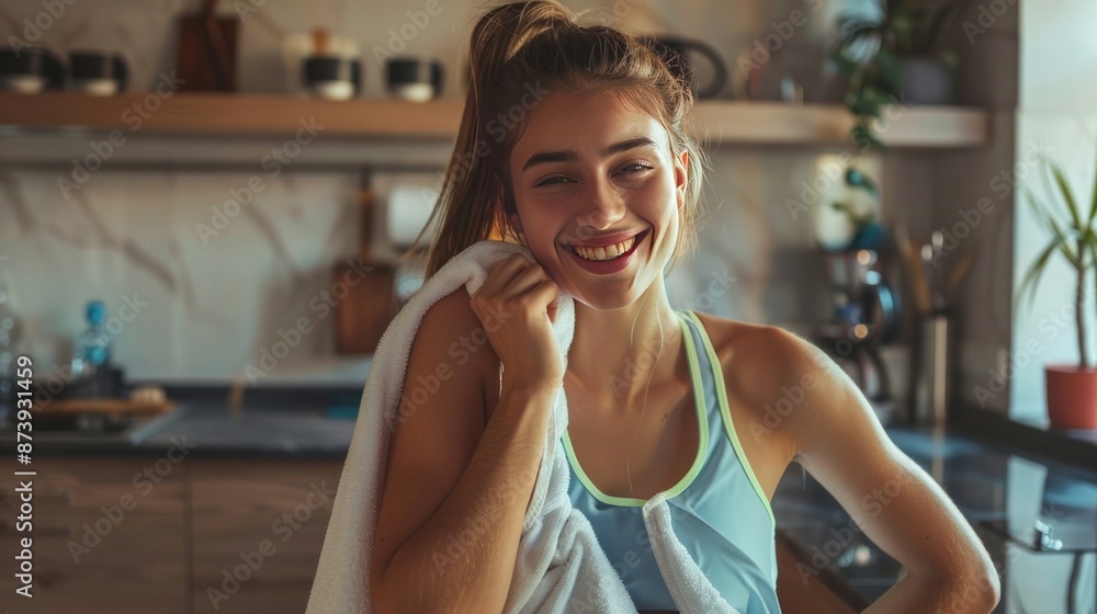 Young happy sportswoman wiping sweat with a towel on a break at home Young happy sportswoman wiping sweat with a towel on a break at home
