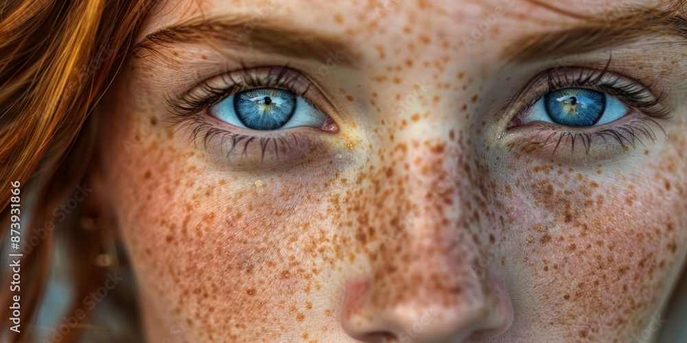 Intense Gaze of Blue-eyed Woman with Natural Freckles Intense Gaze of Blue-eyed Woman with Natural Freckles