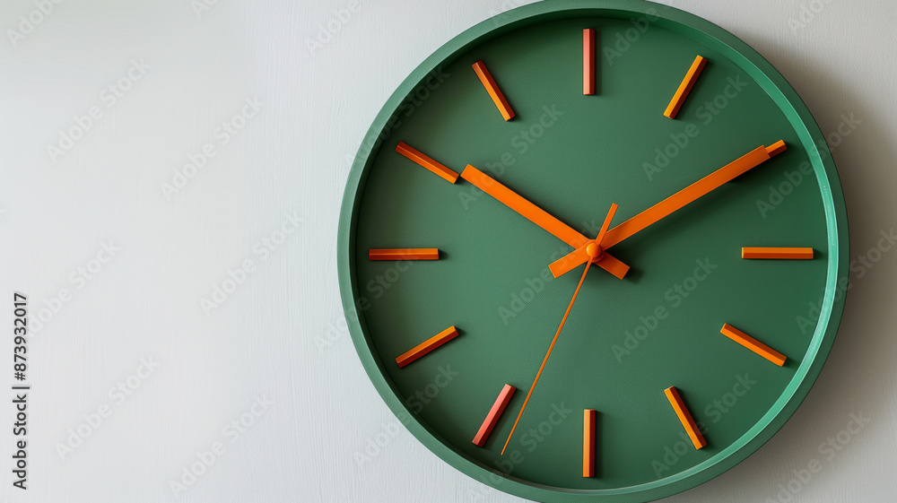Green and orange wall clock on white background. Green and orange wall clock on white background.
