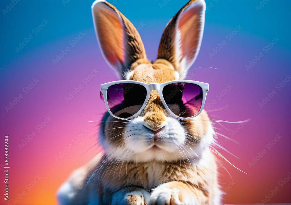 Cool bunny with sunglasses on colorful background. Generative AI. Cool bunny with sunglasses on colorful background. Generative AI.