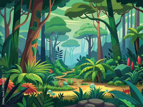 Lush tropical rainforest path leading to sunlight