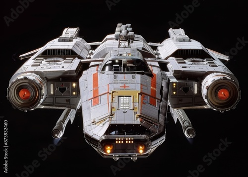 Spaceship on black background, space travel