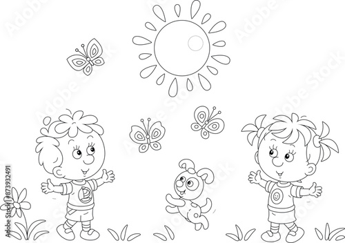 Happy little kids and their merry pup playing with colorful butterflies in a park on a sunny summer day, black and white outline vector cartoon illustration for a coloring book