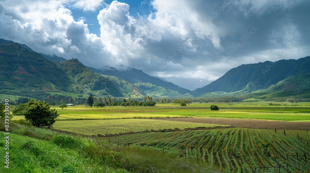 Valley with lush farms under cloudy sky plenty of room for text Valley with lush farms under cloudy sky plenty of room for text