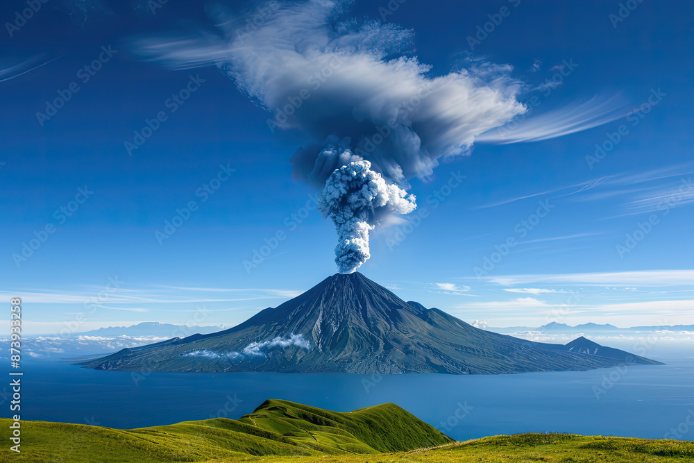 Obraz premium The image shows a large volcano with a smoking crater. The sky is blue and clear, and the volcano is surrounded by a green field.