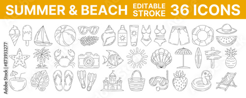 Summer and beach, vector minimalist line icon set. Editable stroke. Summertime icon set. Outline icons collection of seasonal rest and vacation accessories. Concept of travel, holiday, tourism, relax
