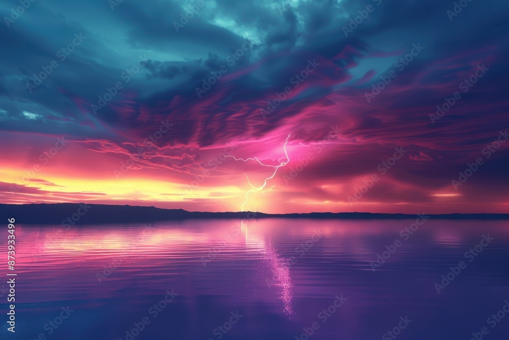 Fototapeta premium A stormy sky with a lightning bolt and a reflection of the sky in the water