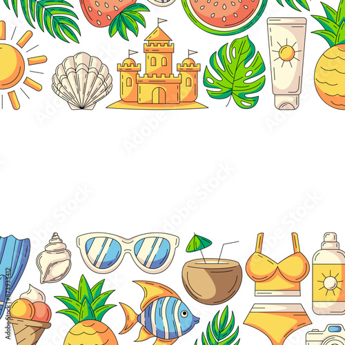 Summer square card, colorful beach accessories icons. Bottom and upper border frame, copy space, isolated on white. Summertime, rest and vacation. For poster, flyer, banner, invitation, social media