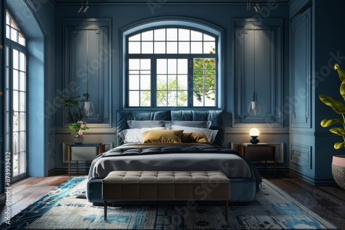 Classic blue bedroom interior with a large window.