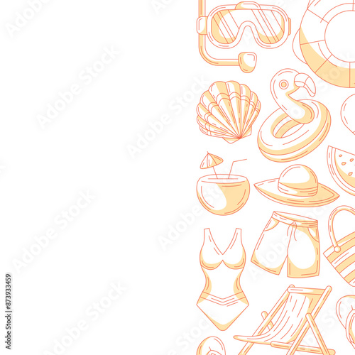 Summer square card, monochrome orange beach accessories icons. Side border frame, copy space, isolated on white. Summertime, holiday and vacation. For poster, flyer, banner, invitation, social media