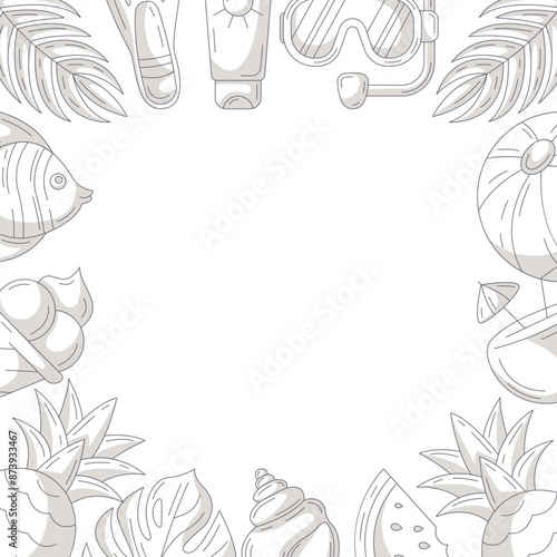 Summer square card, monochrome gray beach accessories icons. Round border frame, copy space, isolated on white. Summertime, holiday and vacation. For poster, flyer, banner, invitation, social media