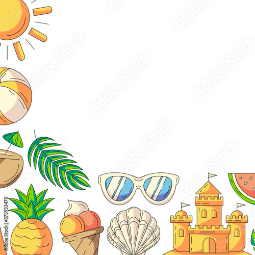 Summer square card, colorful beach accessories icons. Corner border frame, copy space, isolated on white. Summertime, holiday and vacation. For poster, flyer, banner, invitation, social media