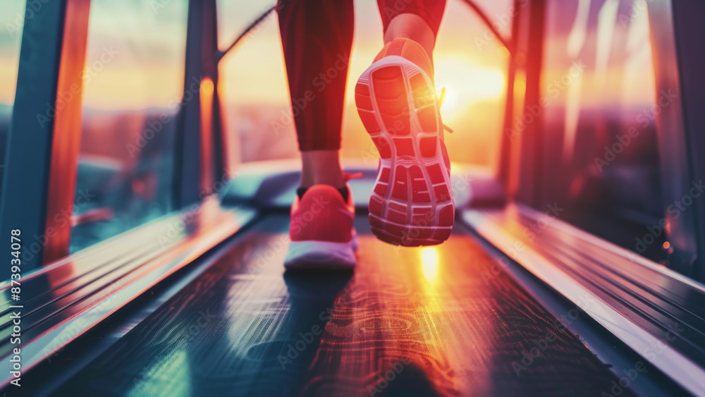 Fototapeta premium Close-up of a person running on a treadmill with a sunrise in the background 