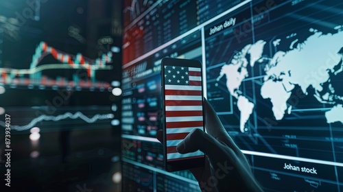 Close up of hand holding smartphone with American flag on screen. Stock market and trading concept.
