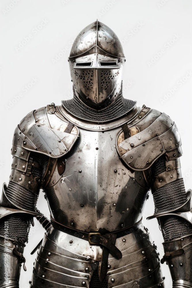 Knight with piercing eyes and polished armor, isolated on white Knight with piercing eyes and polished armor, isolated on white