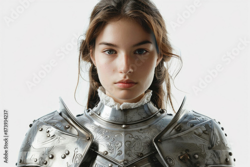 Beautiful young lady knight in detailed armor, isolated on a white background photo