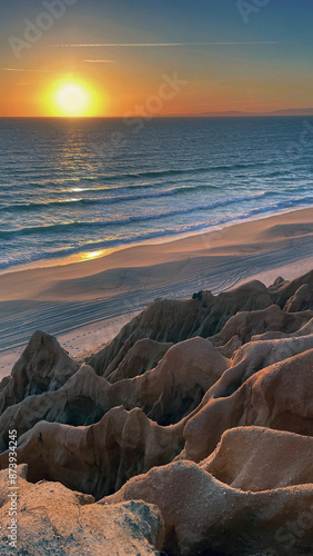 beautiful sunset on a beach in the Atlantic Ocean borded by stonesand  formin...
