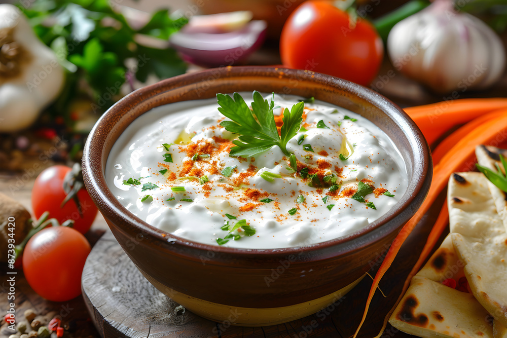 A bowl of yogurt dip with herbs and spices, surrounded by vegetable sticks or pita bread A bowl of yogurt dip with herbs and spices, surrounded by vegetable sticks or pita bread