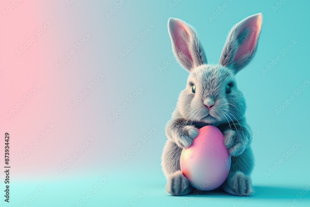 Obraz premium Watercolor Easter Egg. Rabbit Easter Bunny with Pastel Blue and Pink Abstract Background