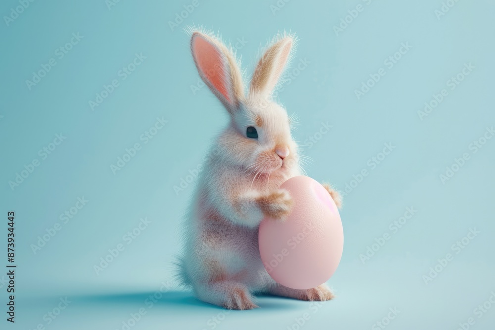 Fototapeta premium Watercolor Easter Egg. Rabbit Holding Easter Egg on Pastel Blue Background, 3D Render