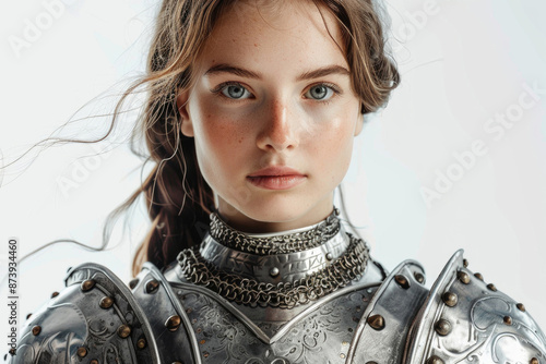 Beautiful young lady knight in detailed armor, isolated on a white background photo