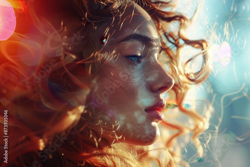 A woman with curly hair is the main focus of the image