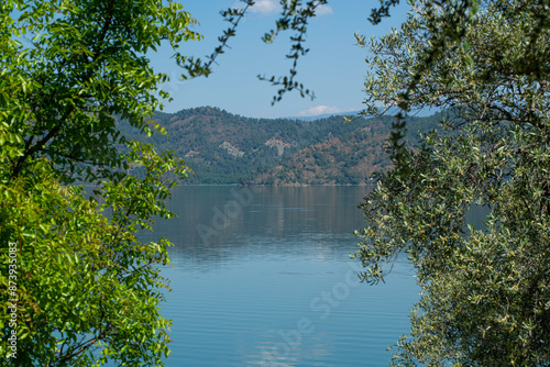 Bay views from green forests. View from the forest to the sea. Magnificent views from the forest to the sea. Magnificent bays of Muğla.