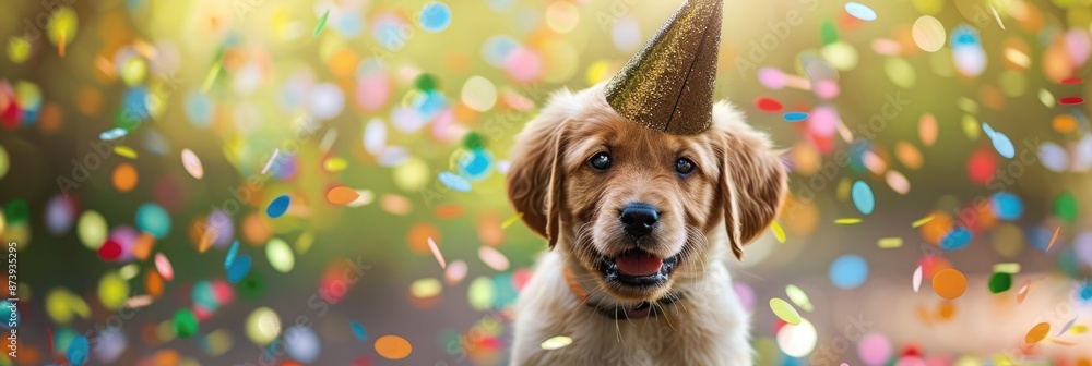Party Puppy. Portrait of a Cute Dog in a Party Hat with Confetti Party Puppy. Portrait of a Cute Dog in a Party Hat with Confetti