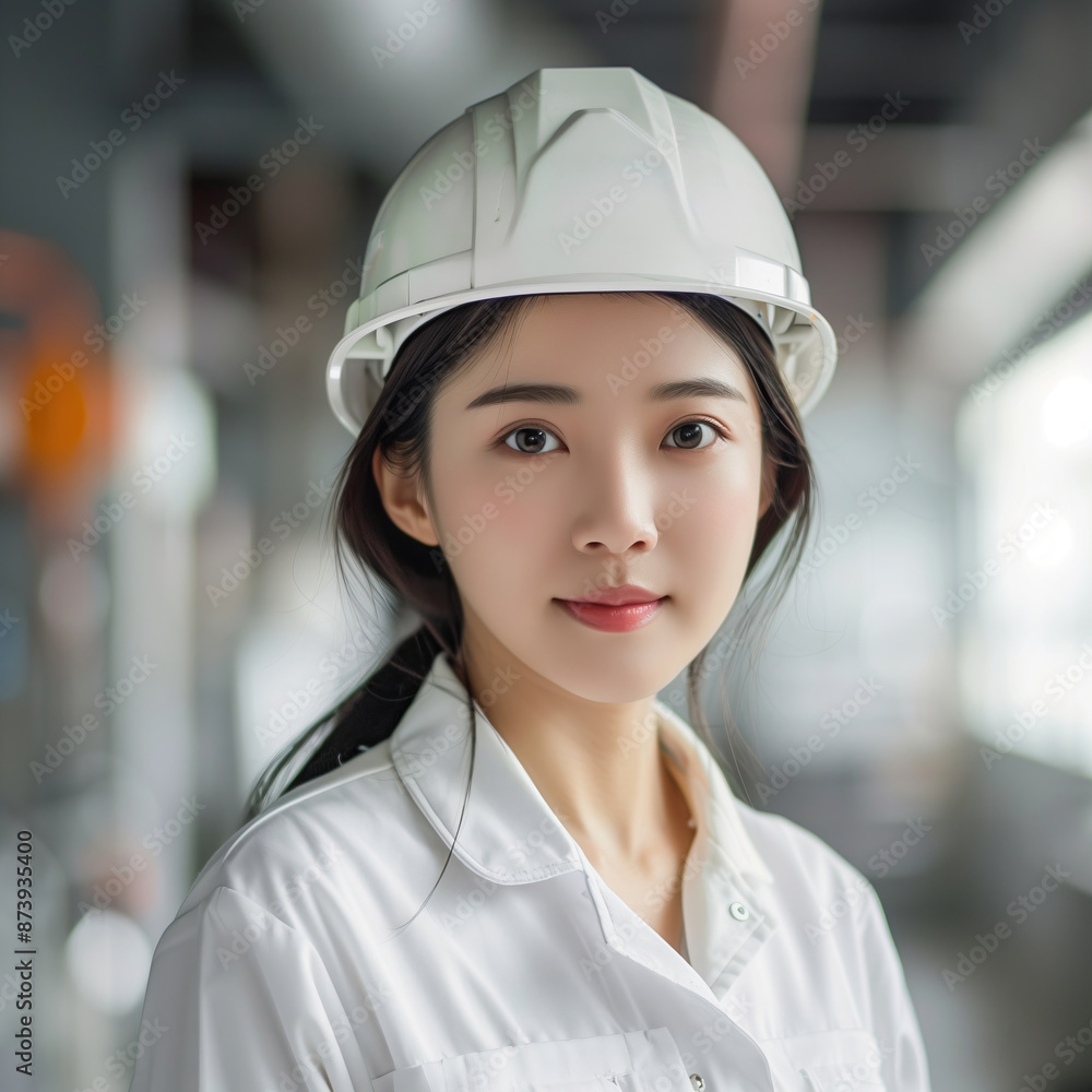 A young woman engineer, wearing a hard hat and white lab coat, confidently looks directly at the viewer in a modern industrial setting A young woman engineer, wearing a hard hat and white lab coat, confidently looks directly at the viewer in a modern industrial setting