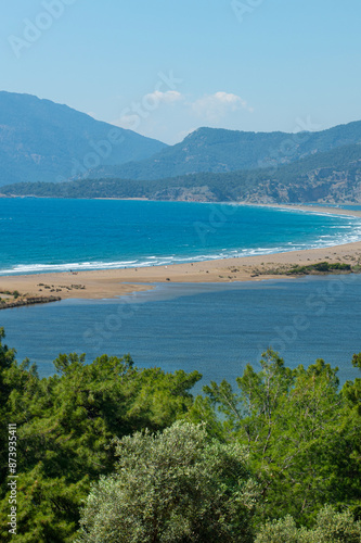 Bay views from green forests. View from the forest to the sea. Magnificent views from the forest to the sea. Magnificent bays of Muğla.