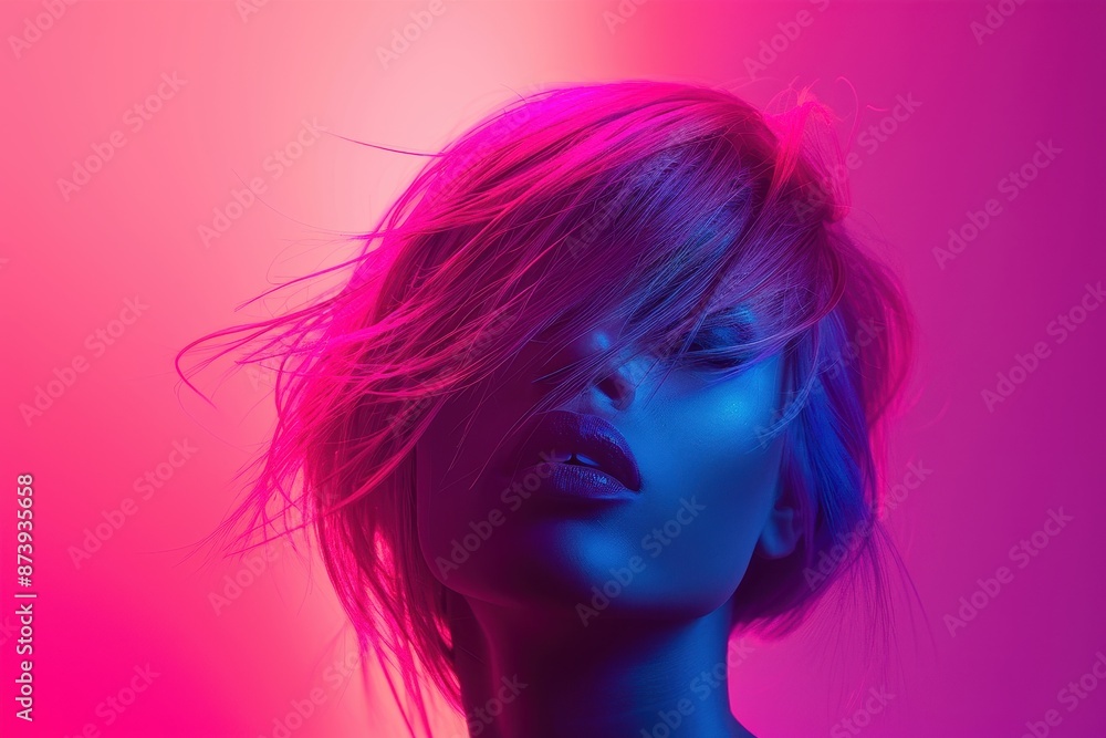 A woman with pink hair and purple eyes stands in front of a pink background A woman with pink hair and purple eyes stands in front of a pink background