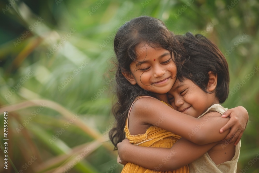 Naklejka premium Indian sibling kids hugging and laugh person child love.