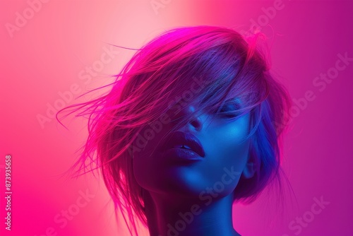 A woman with pink hair and purple eyes stands in front of a pink background