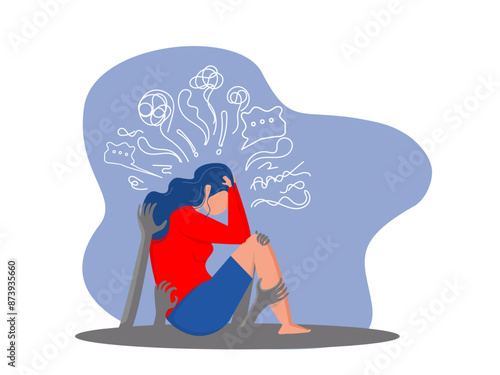A frightened woman is afraid of a scary shadow monster. A woman suffering from phobia and panic attacks.