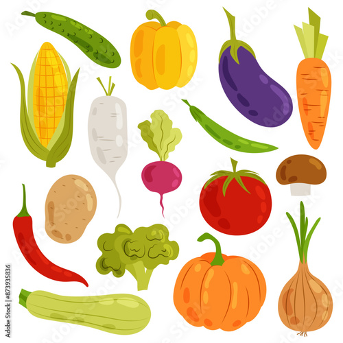 Healthy food. Set of different vegetables in flat style. Fresh vegetables on a white background. Illustrations of vegetables in hand drawn style.