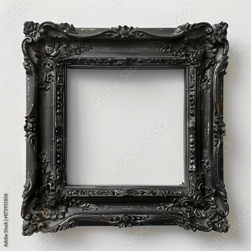 Black ornate picture frame with a white background photo