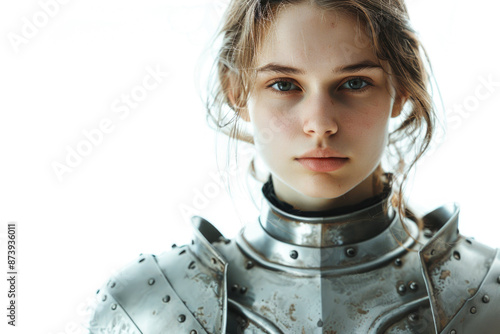 Portrait of a noble young lady warrior in medieval armor, isolated on white