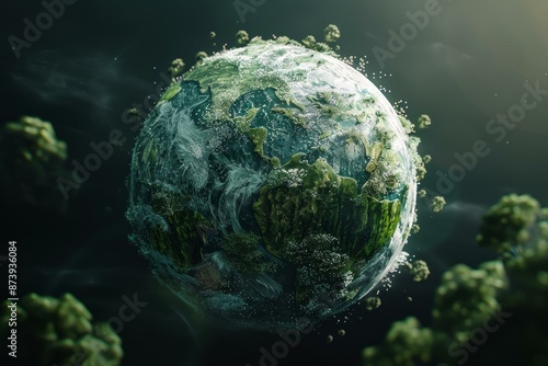 A conceptual image of earth with exaggerated tree growth and atmospheric mist against a dark background