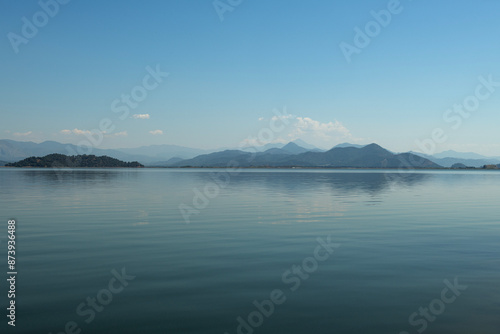 reflection of the forest in the lake.Bay views from green forests. View from the forest to the sea. Magnificent views from the forest to the sea. Magnificent bays of Muğla.