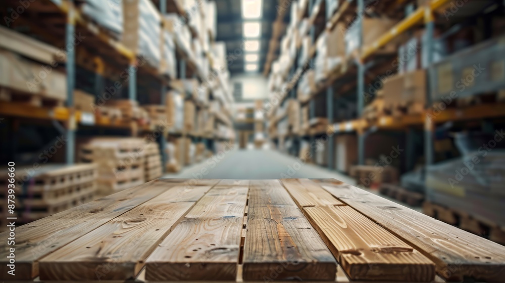 Perspective view of a wooden board table in front of a blurred warehouse background with aisles and high shelves filled with pallets, ideal for business presentations, product displays, Perspective view of a wooden board table in front of a blurred warehouse background with aisles and high shelves filled with pallets, ideal for business presentations, product displays,