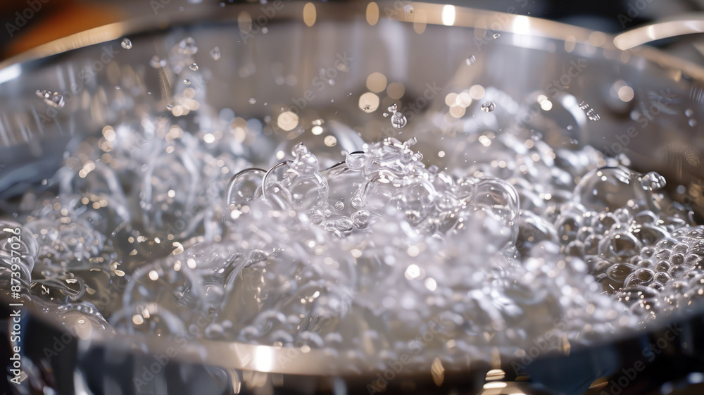 Boiling water with bubbles in a metal pot on a stove. Boiling water with bubbles in a metal pot on a stove.