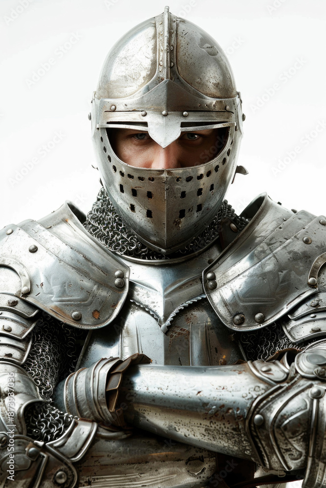 Heroic knight with a determined gaze in shining armor, isolated on white Heroic knight with a determined gaze in shining armor, isolated on white