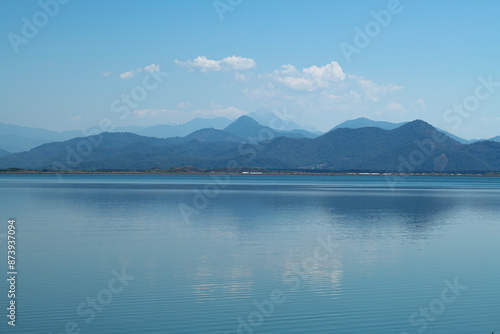 reflection of the forest in the lake.Bay views from green forests. View from the forest to the sea. Magnificent views from the forest to the sea. Magnificent bays of Muğla.