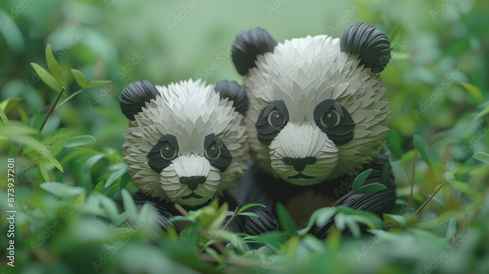 Pandas munching on bamboo in a paper cut zoo. Pandas munching on bamboo in a paper cut zoo.
