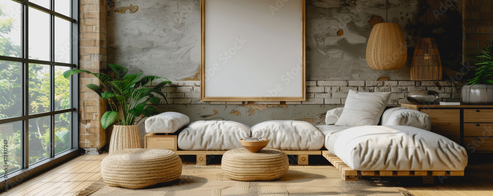 Stylish room with blank poster, wooden furniture, potted plants, soft daylight Stylish room with blank poster, wooden furniture, potted plants, soft daylight
