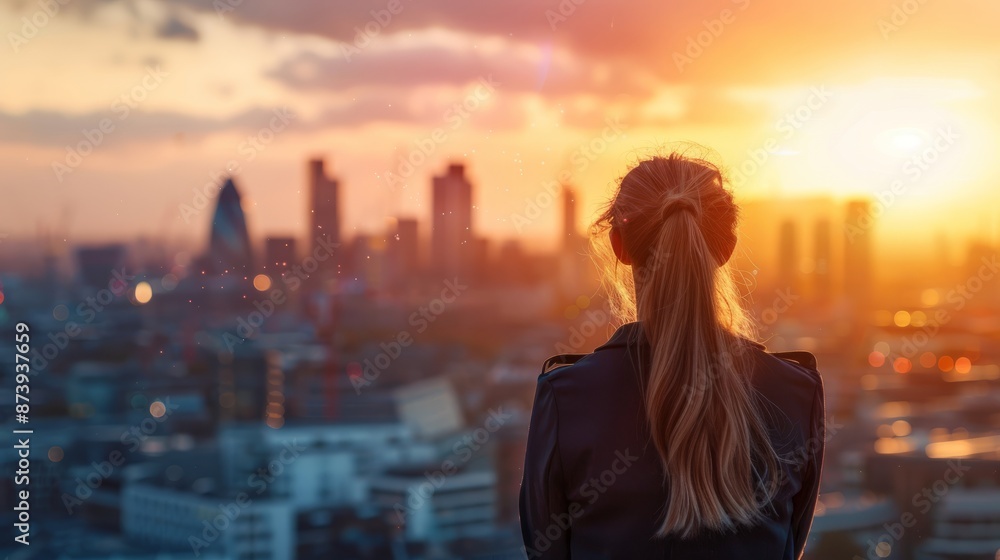 Young woman overlooking city of skyline at sunset, symbolizing future business opportunities, career ambitions, and success in a vibrant urban setting Young woman overlooking city of skyline at sunset, symbolizing future business opportunities, career ambitions, and success in a vibrant urban setting