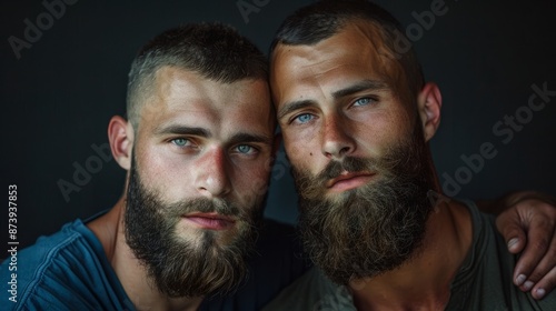 Captured in the portrait are identical twins, their bearded countenances fixed on the lens, displaying a stoic aura of wisdom.