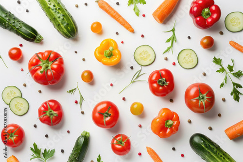 A colorful mix of fresh vegetables arranged on a white background
